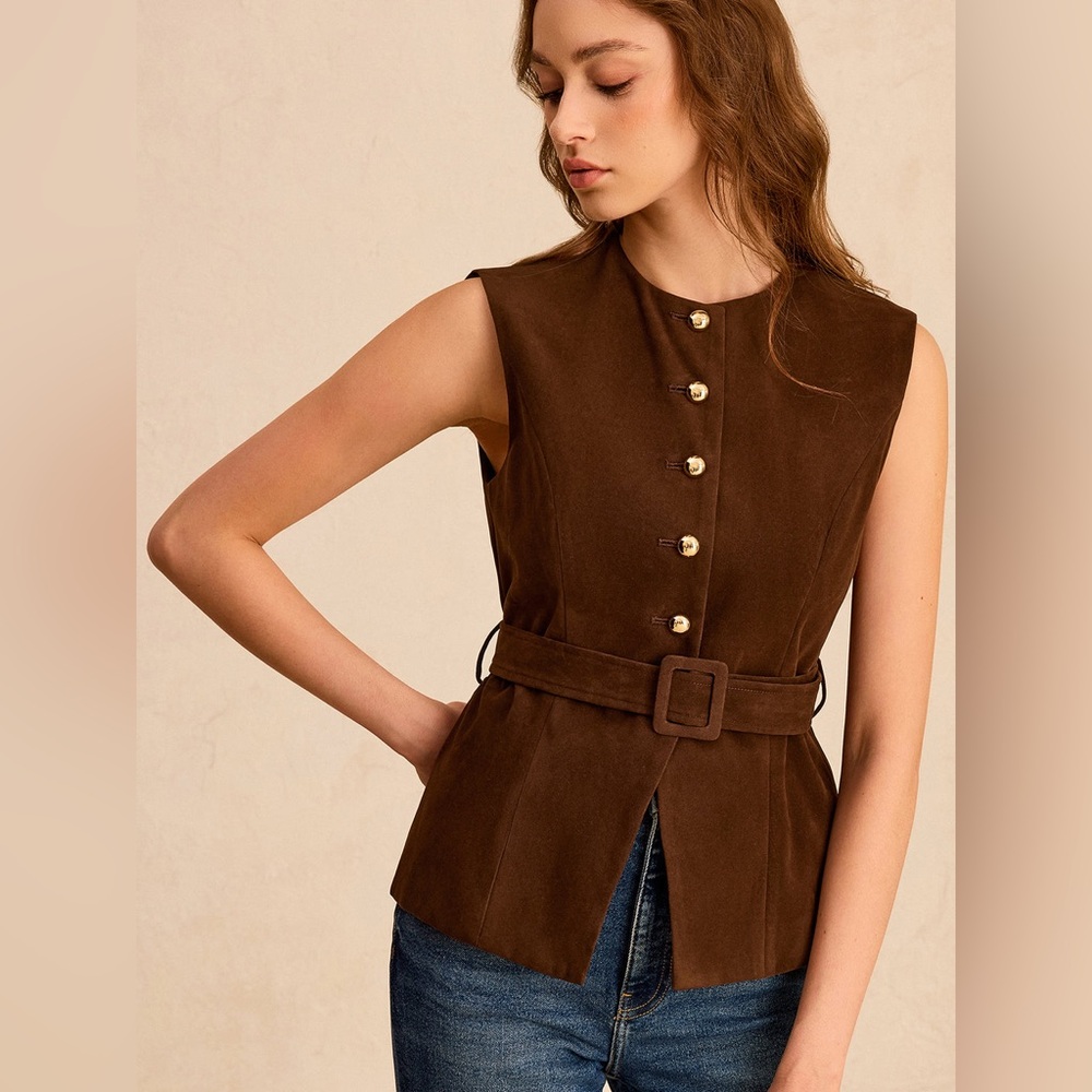 Commense Suede Effect Vest with Belt - Picture 7 of 17
